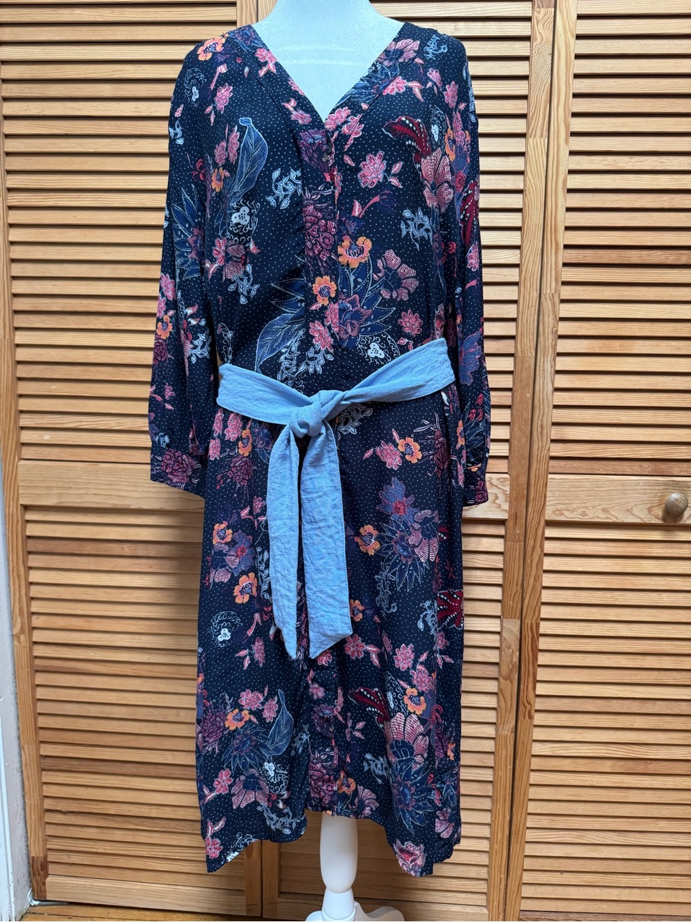 GAP Floral Shirt Dress Navy Blue Pink Orange V-Neck Midi Size 6 Cottagecore